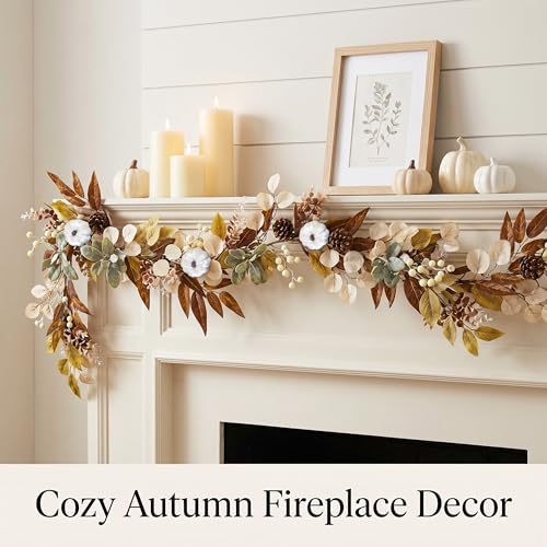 6FT Fall Garland with Cream Pumpkins, Neutral Autumn Garland with Pinecones Berries Leaves, Farmhouse Thanksgiving Decorations for Fireplace Mantel, Doorway, Staircase, Table Centerpiece - size: 6FT-BT-White
