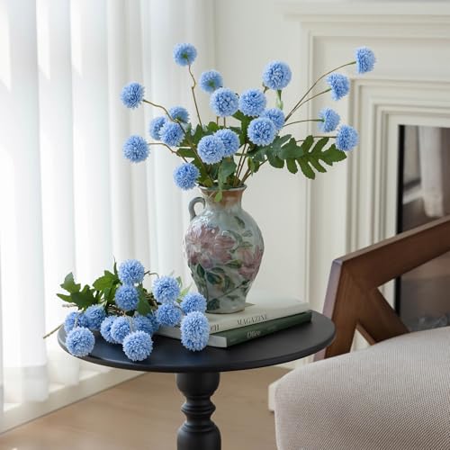 mizii 6Pcs Blue Fake Silk Pompon Mum Artificial Flowers Bulk Small Faux Chrysanthemums with Stems Realistic Floral Decorations for Wedding DIY Bouquet Centerpieces Shower Vase Home Decor (Light Blue) - color: Light Blue
