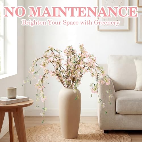 Zeyune 6 Pcs Artificial Cherry Blossom Branches with Green Leaves 40" Summer Evergreen Faux Stem Plastic Plant Stem Picks Sprigs for Tall Vase DIY, Modern Home Table Wedding Indoor Outdoor Decor - color: Pink, size: Blossom Style