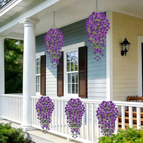 UV Resistant Artificial Hanging Flowers Outdoor Decor - 2 Pack Fake Hanging Plants with Silk Daisies for Spring Summer, No Fade Faux Flowers for Planter, Front Door, Porch, Patio, Garden, Yard - color: Purple
