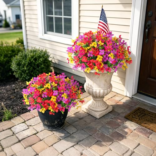 INXUGAO Artificial Faux Plants Flowers Outdoor Spring Summer Decoration, 12 Bundles Fake Silk Colorful Daisy Eucalyptus Realistic UV Resistant for Outside Home Planter Porch Yard Decor (Mix) - color: Purple & Red & Yellow & Lotus Red B