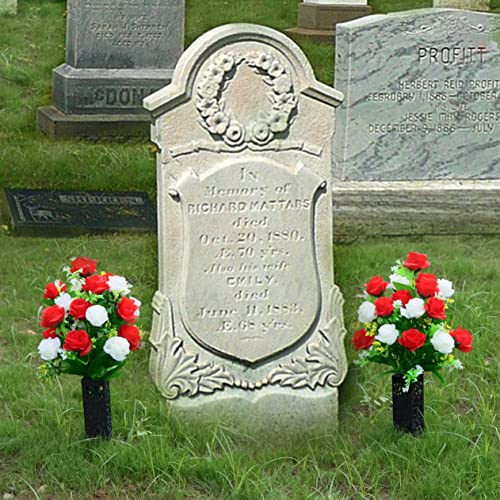 LVXINLI 2 Sets Artificial Cemetery Flowers,Memorial Flowers,Beautiful Arrangements for Headstones,Black Plastic vase with Drainage Hole Long Spikes Outdoor Memorials (Red and White)… - color: Red and White