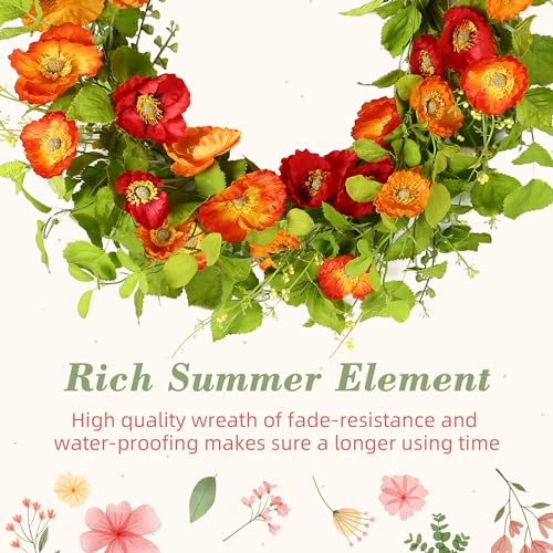 YNYLCHMX 20" Spring Summer Wreaths for Front Door, Artificial Floral Wreath with Poppy Flowers Green Tea Leaves, Green Foliage Wreath for Wall Window Farmhouse Party Holiday Home Decor - color: Artificial Poppy Flowers