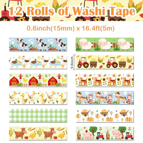 12 Rolls Farm Animals Washi Tape Set, Farmhouse Cow Sheep Pig Ducks Decorative Tapes, Fall Cute Cartoon Masking Tape for Journaling Scrapbook Journals Planners DIY Crafts Christmas Party Decor 16.4FT - color: N