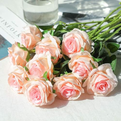 Pink Fake Roses Artificial Flowers - 10 Pcs Fake Artificial Roses Silk Flowers with Stems for Home Wedding Hotel Office Centerpiece Decor（Champagne Pink） - color: Champagne Pink, size: 10 Pcs