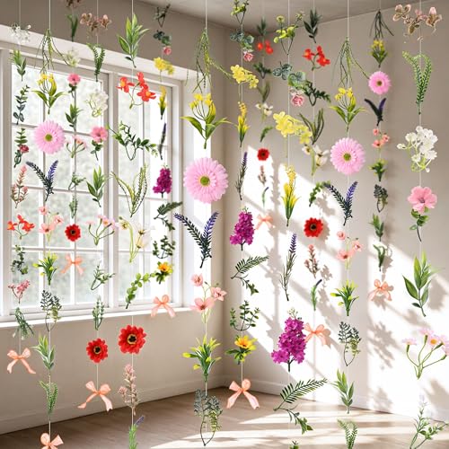 Livole 12Pcs 72Ft Hanging Flower Garland with Bow Wildflower Garlands Backdrop Silk Rose Fake Floral Vines with Hooks for Spring Party Wedding Birthday Anniversary Arch Wall Garden Decor - color: Wildflowers, size: 12Pcs