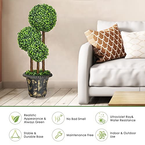 DREAMADE Artificial Boxwood Topiary Tree, 3ft Triple Ball Shaped Faux Topiary Tree w/Weighted Pot, Metal Frame, Fake Green Potted Plants Decoration for Indoor/Outdoor/Home/Office - size: 3ft