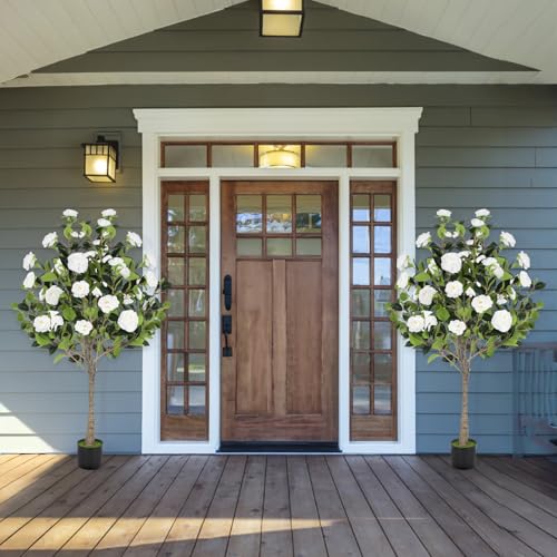 47” Artificial Camellia Tree with Blooming White Flowers, Artificial Tree for Indoor Outdoor, Faux Camellia Tree for Modern Home Office Floor Porch Decor, Free Maintenance - color: White
