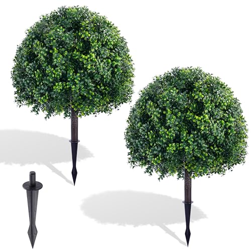 28 Inch Artificial Boxwood Trees, 2 Sets Faux Boxwood Topiary with Spikes, Pot Filler Fake Shrubs Plants for Outdoor Planters, Round Topiary Bush Balls Front Porch Home Garden Spring Decor - color: 28" Boxwood