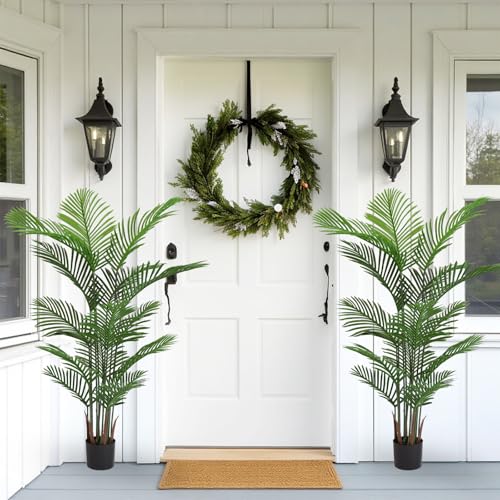 6ft Artificial Palm Tree in Weighted Pot - UV Resistant Tall Fake Plants for Outside Patio, Large Fake Plant Indoor Outdoor, Triple Trunk Faux Palm (Set of 2) (6 FT x 2)
