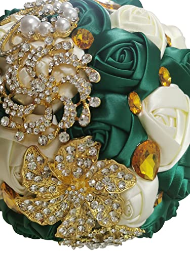Handmade Wedding Bouquets for Bride Bridesmaid Brooch Artificial Holding Flower Tossing Bouquet（Ivory/Dark Green,24cm,1PC - color: Ivory/Dark Green, size: 24CM/9.4''