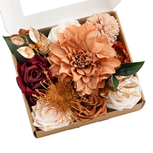 Ling's moment Terracotta Artificial Flowers Greenery Mini Box Set, Burnt Orange Fake Flower for DIY Wedding Bridal Bouquet, Centerpieces Decor, Floral Arrangement Decor, etc. - color: Terracotta & Burgundy
