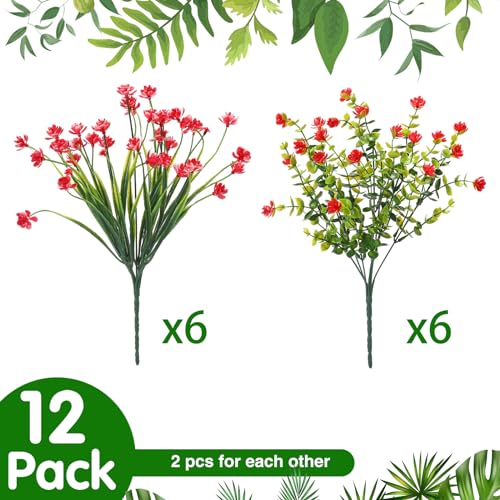 WILLBOND 12 Bundles Artificial Flowers Outdoor, UV Resistant Faux Artificial Plants Shrubs Plastic Flower Bulk for Hanging Planter Porch Window Home Spring Summer Decor(Red) - color: Red
