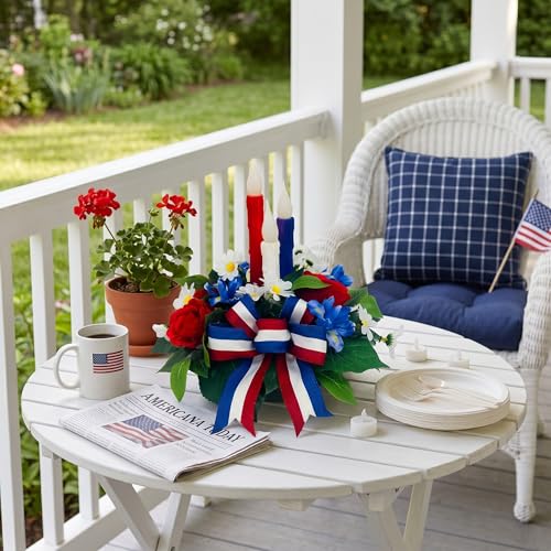 4th of July Decorations,Patriotic Floral Arrangement Centerpiece for Table, Red White and Blue Fake Flowers Fourth of July Taper Flameless Candles for Independence Day Home Decor,Memorial Day Décor