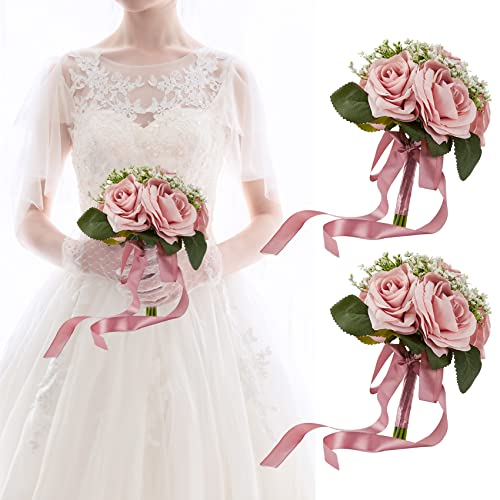 Bridesmaid Bouquet Set of 2 - Small 6.5 Inch Wedding Bouquets for Bridesmaids, Rose Artificial Flowers, Floral Centerpieces - color: 18020-bean-paste-purple-2pcs