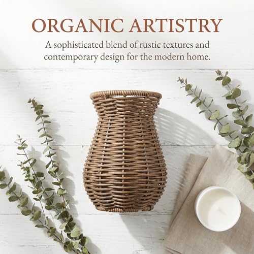 Cabilock Small Rattan Vase for Flowers, 5.7" Rustic Woven Wicker Vase for Boho Home Decor, Imitation Rattan Flower Basket, Farmhouse Desktop Centerpiece for Pampas Grass, Dried Floral Arrangement