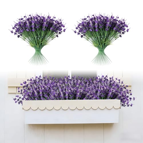 Artificial Lavender, 16 Bundles, Purple, Faux Flowers | UV Resistant, For Outdoors, Garden Porch Patio Window, Hanging Planter, Realistic