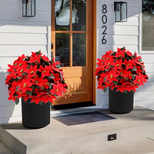 Artificial Poinsettia Topiary Ball Tree 27" with Ground Spike, Set of 2 Artificial Boxwood Bushes for Faux Shrubs, Fake Evergreen Faux Plant for Indoor Outdoor Porch Garden- UV Resistant – Fade-Proof - color: Poinsettia