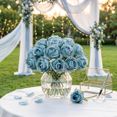 Ivydale 18pcs Blue Roses Artificial Flowers, Fake Roses Silk Flowers with Stems Realistic Bouquet for Mother's Day Wedding Party Home Decoration DIY Centerpiece Floral Romantic Gifts - color: Rose-blue