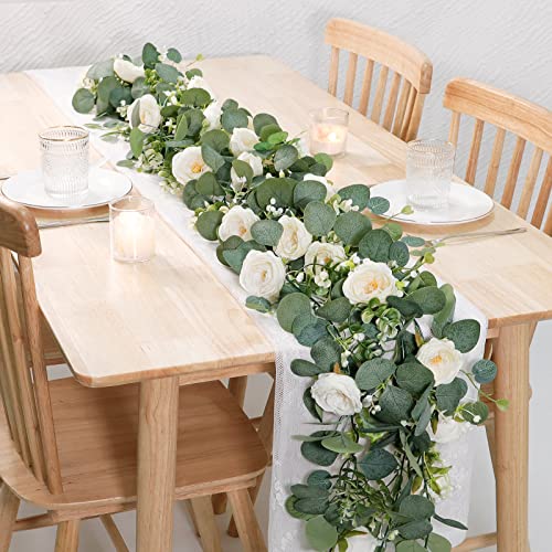 TOCHGREEN 2 Pack 13Ft Artificial Eucalyptus Flower Garland with White Roses, Fake Rose Flower Greenery Garland Floral Vines for Wedding Home Party Table Runner Decor (2PCS, White) - color: White, size: 2PCS