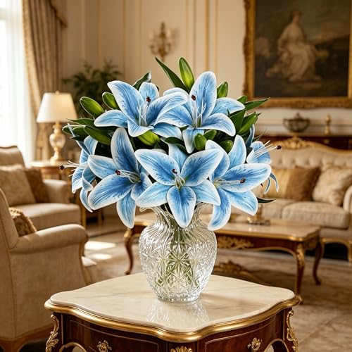 Kimura's Cabin 6Pcs Tiger Lily Artificial Flowers Real Touch Fake Lilies with Stems Faux Lilies Bouquet for Wedding Floral Arrangements Easter Home Table Centerpiece Office Decor(Light Blue) - color: Light Blue