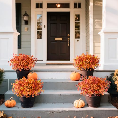 Artificial Fall Flowers for Outdoor, 12 Bundles 4 Colors Faux Mums Fake Fall Plants for Decoration, UV Resistant No Fade Silk Plastic Flower for Autumn Porch Patio Planters Windowbox Yard Garden - color: Orange Autumn Red