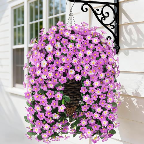 HyeFlora Artificial Fake Hanging Flowers with Basket for Outdoor Decoration,UV Resistant Faux Silk Daisy Flowers Light Fuchsia Orchid Vines in Planter Realistic Hanging Baskets for Home Porch Garden - color: Fuchsia+light Fuchsia Daisy