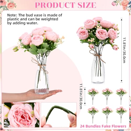 Thiccywoov 19 Pack Artificial Peony Flowers with Vase Bulk, 12 Bundles Faux Peony Bouquet 6 Vase with 1 Rope Silk Flower Arrangement Wedding Table Centerpiece for Wedding Bridal Shower(Light Pink) - color: Light Pink