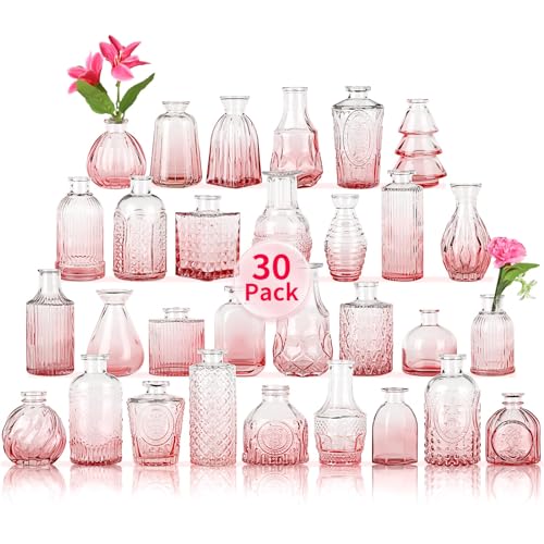Glass Bud Vases in Bulk Set of 30 Pcs,Small Glass Vases for Flowers as Wedding Centerpieces for Tables,Clear Flower Vases Suitble for Wedding Decorations,Home Decor (Light Rose-red, 30 pcs) - color: Light Rose-red, size: 30 pcs
