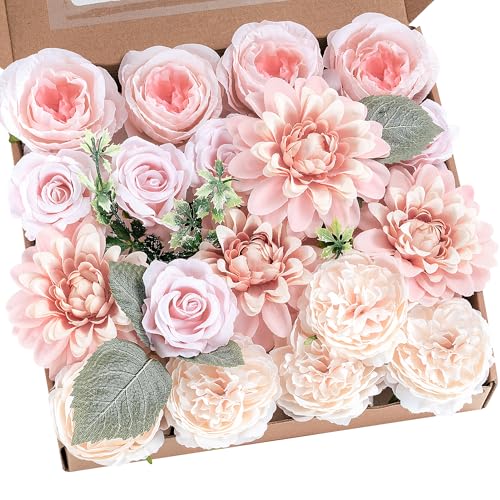 Artificial Flowers Combo Set Pink Faux Dahlia Roses DIY Wedding Decor | Silk Fake flowers arrangement set for home decor crafts reusable party bouquets DIY wedding table and event decorations - color: Pink, size: The Minimalist
