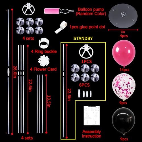 TONIFUL 4 Set Black and Hot Pink Balloon Centerpieces for Table,Balloon Stand Kit for Party Decor Sweet 16 18 21st 30 40 50 60 70th Birthday Decorations,Bridal Shower,Graduation Decorations 2026 - color: Black Hot Pink Confetti
