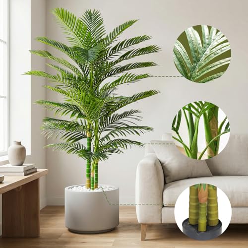 Artificial Golden Cane Palm Tree 7FT, Fake Palm Tree with Three Realistic Trunks and Lifelike Palm Leaves, Faux Palm Plant for Indoor Home Décor with Black Planter - color: Black, size: 7FT