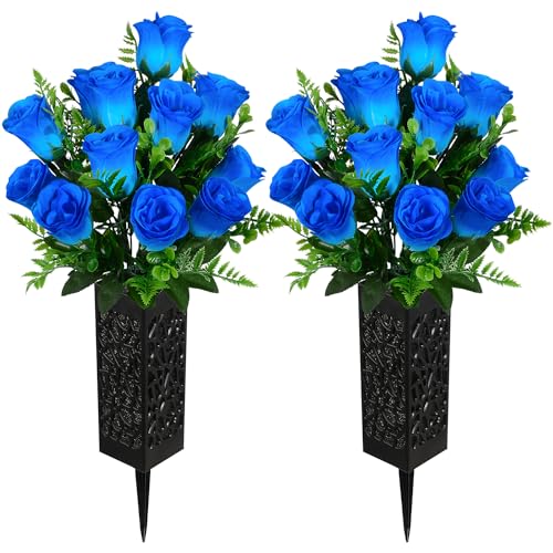 Artificial Cemetery Flowers, Grave Memorial Flowers, Set of 2 Artificial Rose Bouquet with Vase for Cemetery Headstones Gravesites Decoration (Blue) - color: Blue