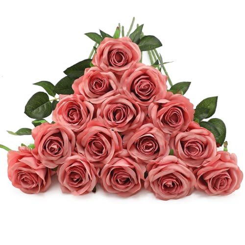 Pink Fake Roses Artificial Flowers - 10 Pcs Fake Artificial Roses Silk Flowers with Stems for Home Wedding Hotel Office Centerpiece Decor（Dusty Pink） - color: Dusty Pink, size: 10 Pcs