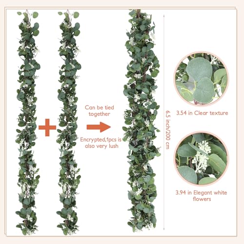 Thiccywoov 2 Pack Artificial Eucalyptus Garland 6.5 ft Each Faux Silver Dollar Leaves Greenery Artificial Vines with White Accents for Wedding Table Runner Home Mantle Outdoor Decor (Green White) - color: Green White
