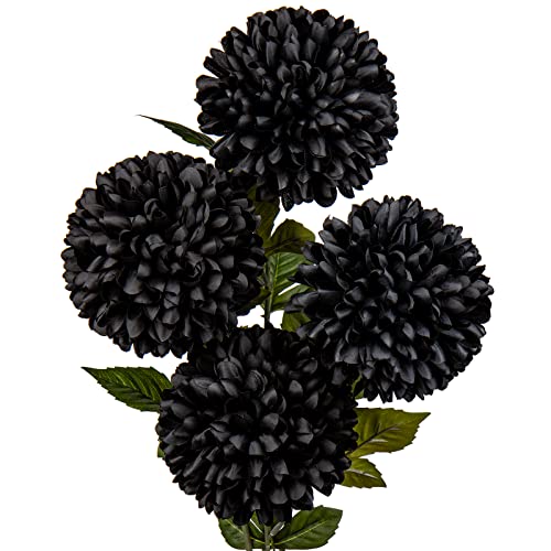 Briful Autumn Artificial Chrysanthemums Ball Flowers 6’’ Large Heads Mums Stems Black Fake Hydrangea Flowers Bouquet for Home Halloween Wedding Fall Decorations, Set of 4 - color: 6'' Dia. 4pcs Black