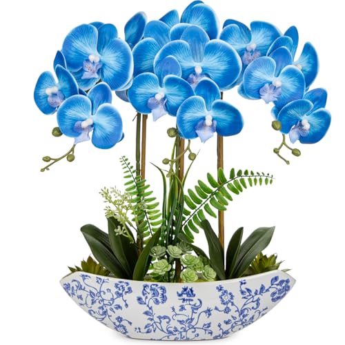 Briful Blue Orchid Artificial Flowers 18in Fake Orchid Silk Flowers with Blue and White Ceramic Pot Faux Orchid Arrangement for Home Office Room Dining Table Centerpiece Modern Decor - color: Blue-floral Pattern Vase