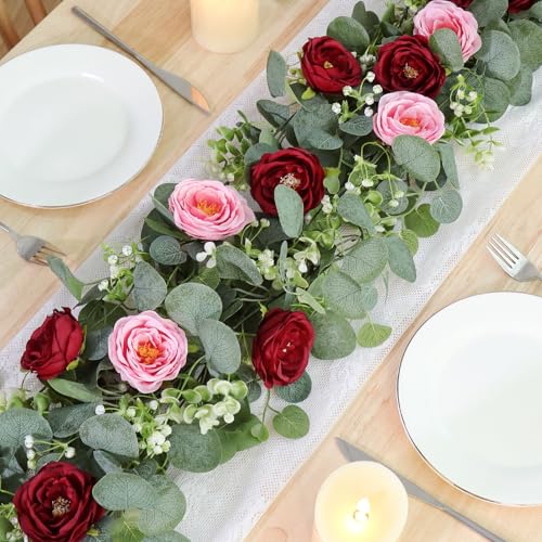 TOCHGREEN 4 Pack Artificial Eucalyptus Flower Garland with Red and Pink Roses, Fake Rose Flower Greenery Garland Floral Vines for Wedding Home Party Table Runner Decor (Red Pink, 4PCS) - color: Red Pink, size: 4PCS
