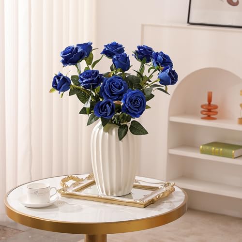 Blue Fake Roses Artificial Flowers - 10 Pcs Fake Artificial Roses Silk Flowers with Stems for Home Wedding Hotel Office Centerpiece Decor - color: Blue, size: 10 Pcs