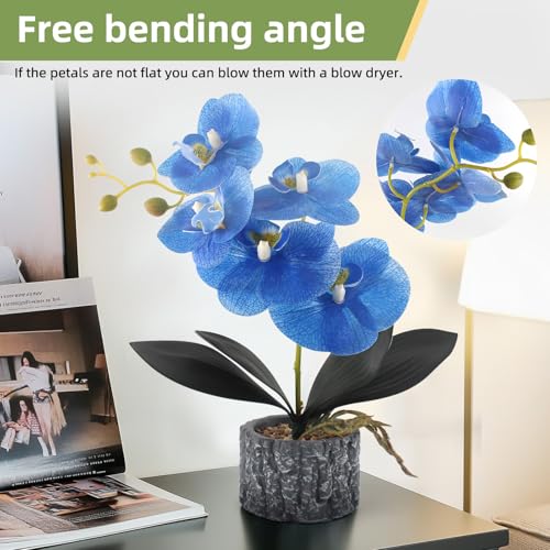 Artificial Orchid with Cement Vase Fake Phalaenopsis Flower Arrangement Faux Plants for Party Exhibition Center Home Decoration(Blue Tall 15") - color: Blue