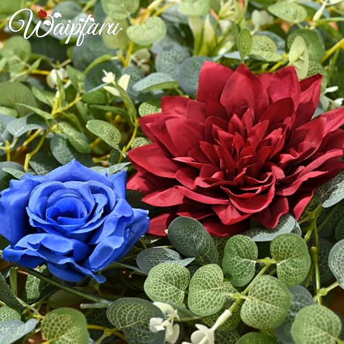 Waipfaru Flower Garland, 6.07Ft Eucalyptus Greenery Garland, Rose Floral Vines for Wedding Table Runner Centerpieces Backdrop Decor (Red Blue) - color: Red Blue-6.07ft, size: 1 Pack
