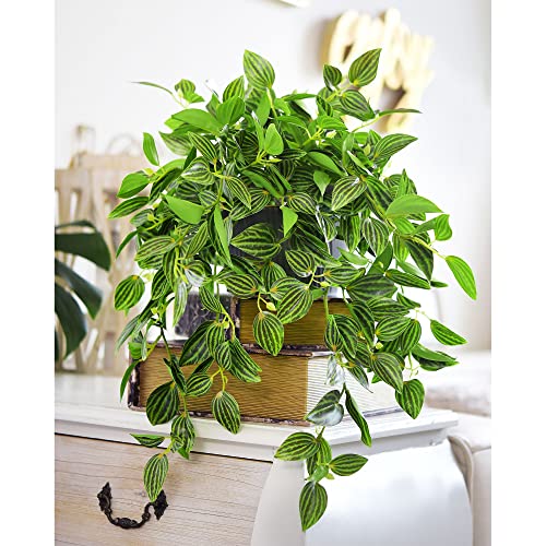 FiveSeasonStuff Real Touch Artificial Hanging Plant Watermelon Peperomia Home Decor 2 Stems - color: Hanging Watermelon Peperomia Plant