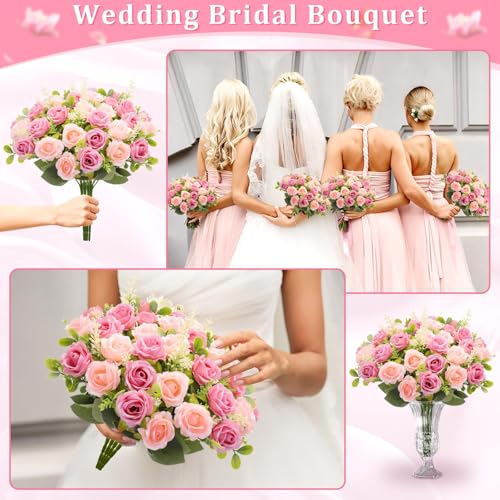 TURNMEON 40 Heads Fake Roses Artificial Flowers for Outdoors Summer Decor, 4 Bouquets UV Resistant Fake Flower Bouquet Faux Silk Roses for Wedding Birthday Party Home Mother's Day Cemetery Decor(Pink) - color: Pink
