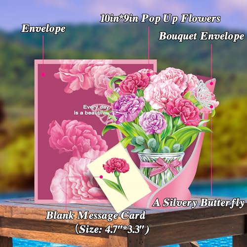 Airpark Pop Up Flower Cards, 3D Paper Flowers Bouquet Birthday Card 10’‘ with Blank Note and Envelope, Mother's Day, Get Well Greeting, Anniversary, Thank You Gifts Cards for Women Mom Girls Friends, Pink Carnations - style: Pink Carnations