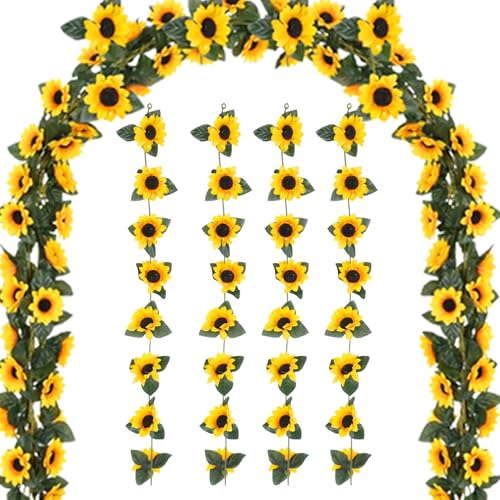 4 Pack Artificial Sunflower Garland Silk Sunflower Decor 2.3m Long with Green Leaves and Fade Resistant Petals for Wedding | Sunflowers Decorations for Garden Party Wall Home Floral Arrangement