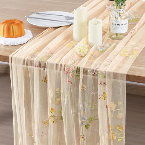 BINBE 1pcs Champagne Florals Table Runner Embroidery Gauze 10FT Daisy Seasonal Tulle Birthday Wedding Holiday Kitchen Dining Table Decor for Home Party - color: Champagne, size: 10ft x 1pack