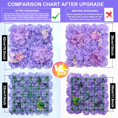 Flower Wall Backdrop 16.5''*16.5'' 12Pcs Artificial Floral Wall Panel 3D Silk Rose Decor for Wedding Home Thanksgiving Day Event Birthday Party Decoration - color: Purple, size: 16.5inch