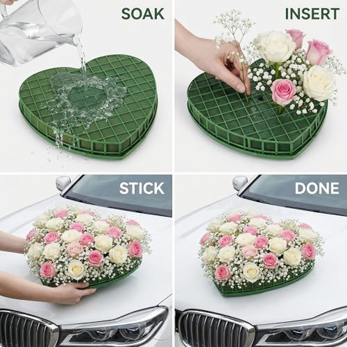 Goaste 4 Pack Heart-Shaped Floral Foams, Large Green Florist Foam with Suction Cup Tray, Wet Flower Mud Blocks, Green Florist Sponge Bricks for Wedding Car Decoration, DIY Flower Arrangement