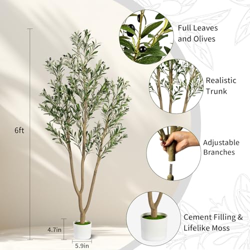 6FT Artificial Olive Tree, Indoor Faux Olive Tree Fake Potted Silk Olive Tree Plants with Lifelike Branches & Fruits for Home Office Decor - color: Olive Tree, size: 6ft