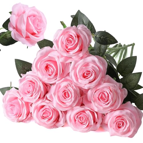 Nubry Artificial Silk Rose Flower Bouquet Lifelike Fake Rose for Wedding Home Party Decoration Event Gift 10pcs (Pink) - color: Pink